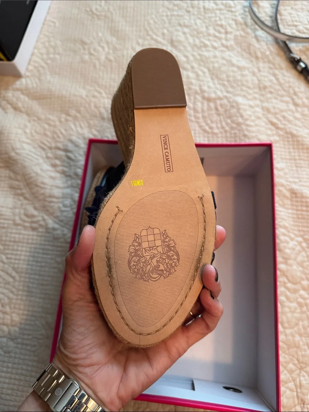 Vince Camuto Navy Floral Lace Wedge Slides 8.5
